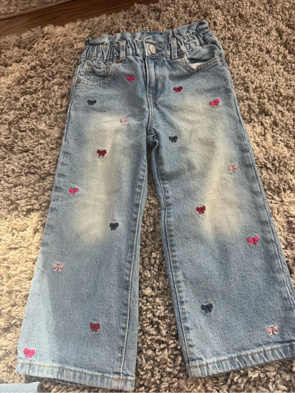 Light Wash Kids Denim Pants with Embroidered Bows